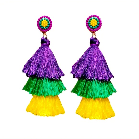 Mardi Gras Beaded Stud Tassel Earrings - Picture 2 of 2